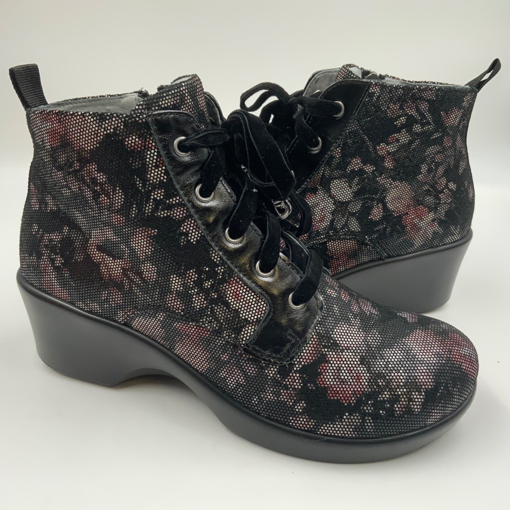 Alegria by PG Lite Womens Floral Lace Up Wedge Ankle Boots Black Pink 38 E579